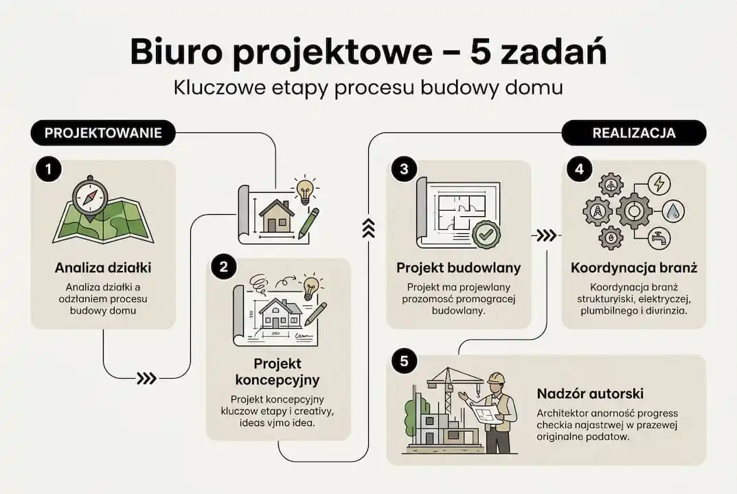 Infografika prezentująca pięć kluczowych zadań realizowanych przez biuro projektowe