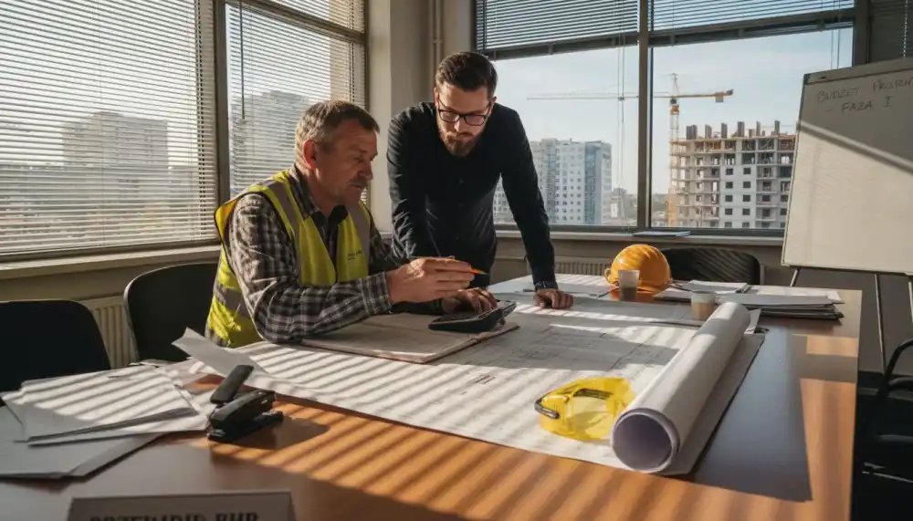 Kierownik budowy wspólnie z architektem analizują dokumentację projektową i omawiają szczegóły inwestycji.