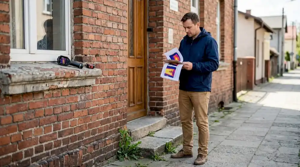Audytor przeprowadza oględziny domu pod kątem termomodernizacji