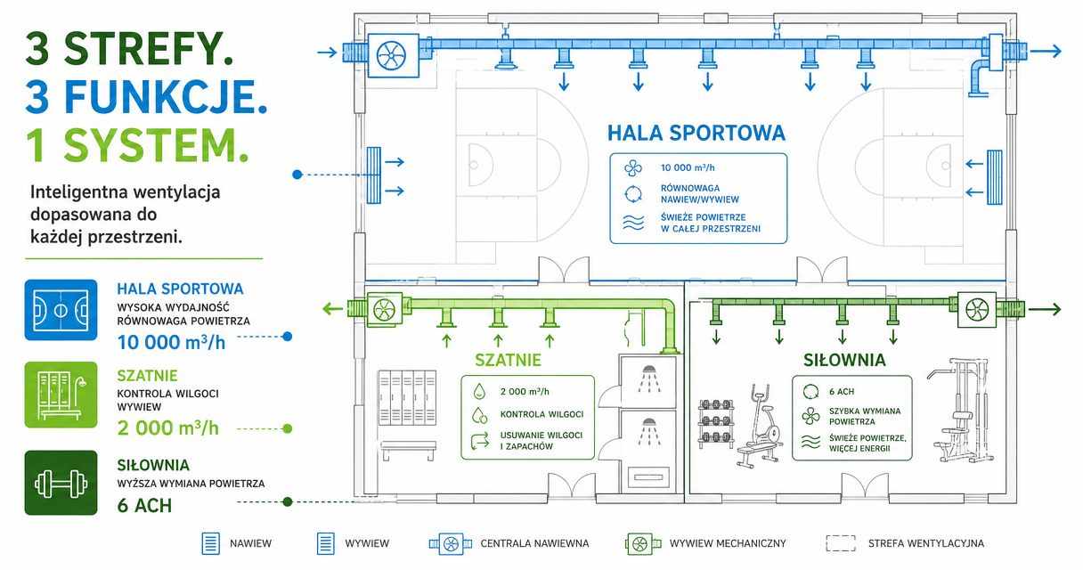 Podział centrum sportowego na strefy wentylacyjne - hala, szatnie, siłownia