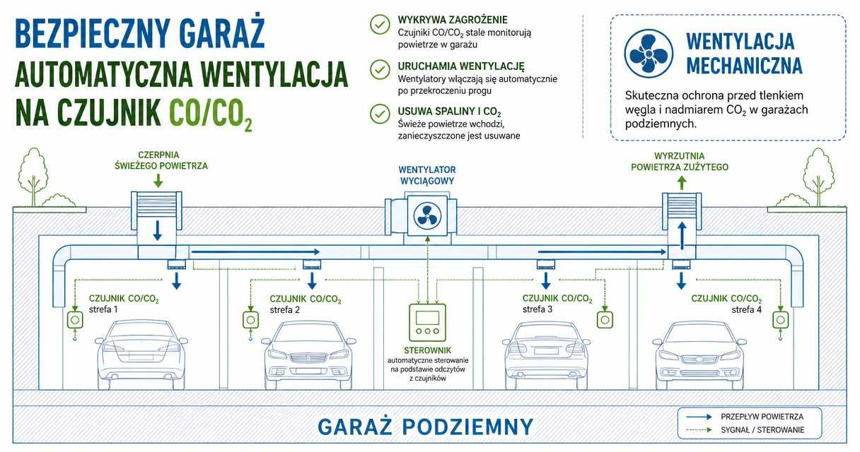 garaz podziemny detekcja co Detekcja tlenku węgla sterująca wentylacją garażu