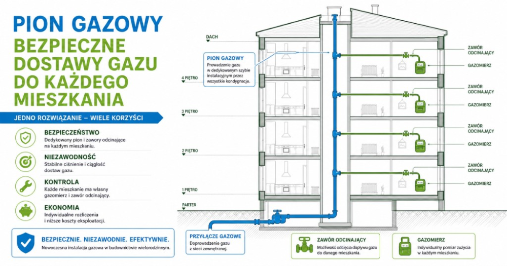 Schemat pionowego rozprowadzenia instalacji gazowej w budynku wielorodzinnym