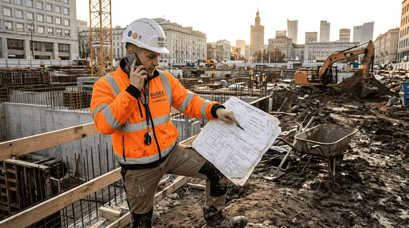 Szef budowy omawia zmiany w projekcie z zespołem.