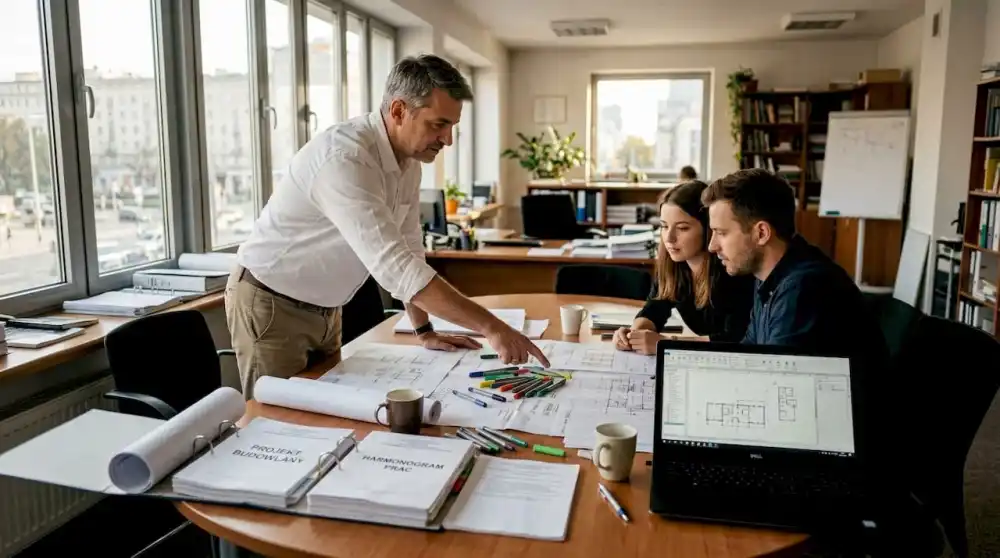 ierownik projektu prowadzi spotkanie zespołu przy stole konferencyjnym, dbając o sprawną współpracę i koordynację działań.