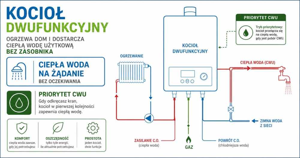Schemat instalacji gazowej z kotłem dwufunkcyjnym obsługującym ogrzewanie i ciepłą wodę użytkową