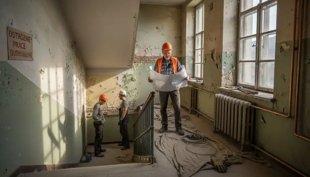 Kierownik nadzoruje przebieg modernizacji instalacji w starym budynku.