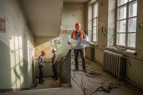 Kierownik nadzoruje przebieg modernizacji instalacji w starym budynku.