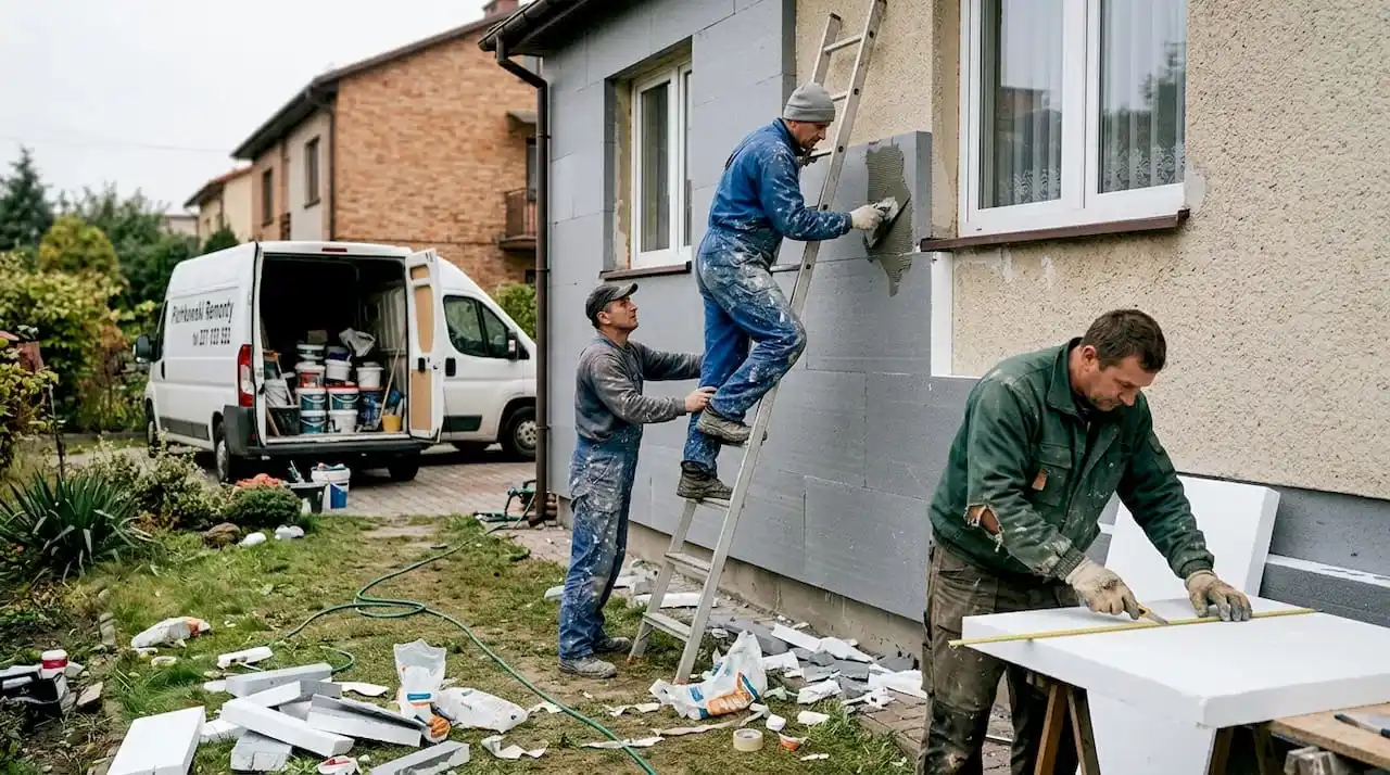 Ekipa budowlana ociepla ściany domu, montując zewnętrzną warstwę izolacji.