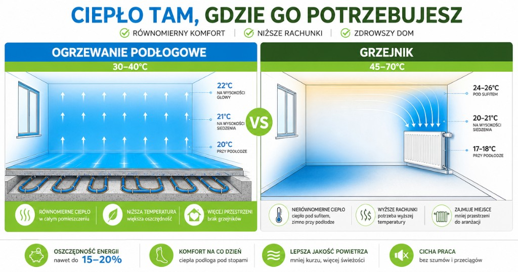 podłogówka vs grzejnik porównanie Porównanie ogrzewania podłogowego i grzejników w domu