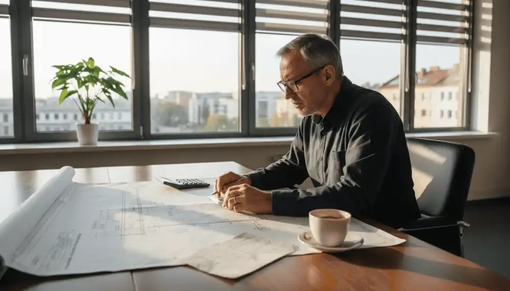 Inżynier szczegółowo przegląda dokumentację przyłącza w swoim biurze.
