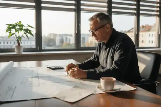Inżynier szczegółowo przegląda dokumentację przyłącza w swoim biurze.