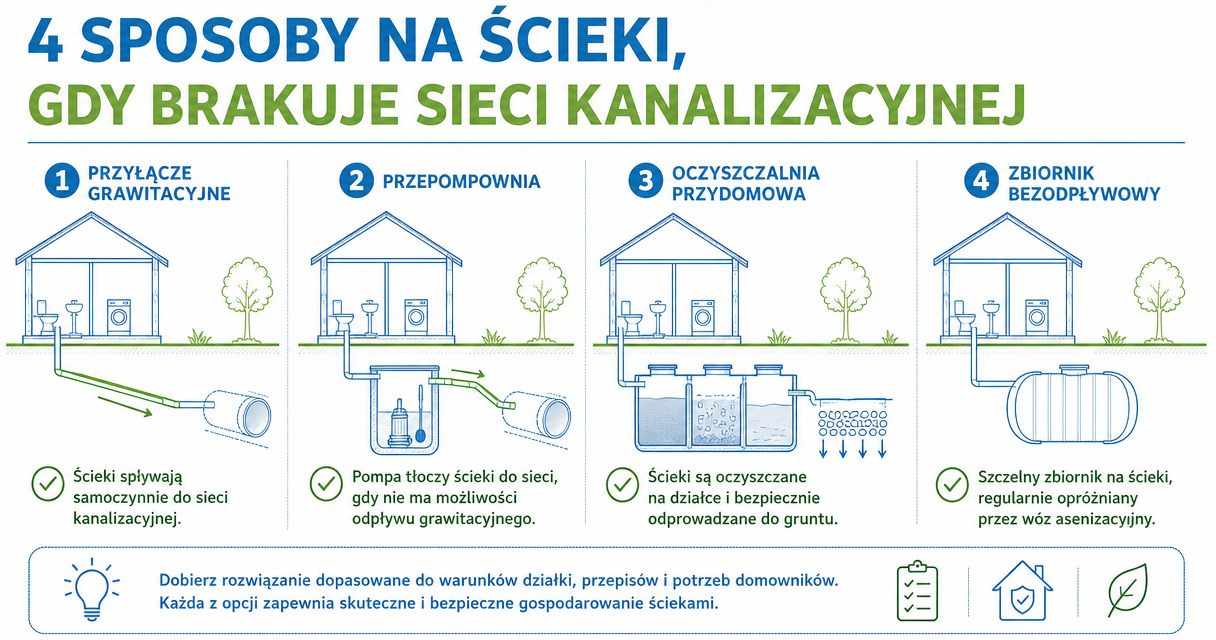 Warianty rozwiązań przy braku sieci kanalizacyjnej na działce