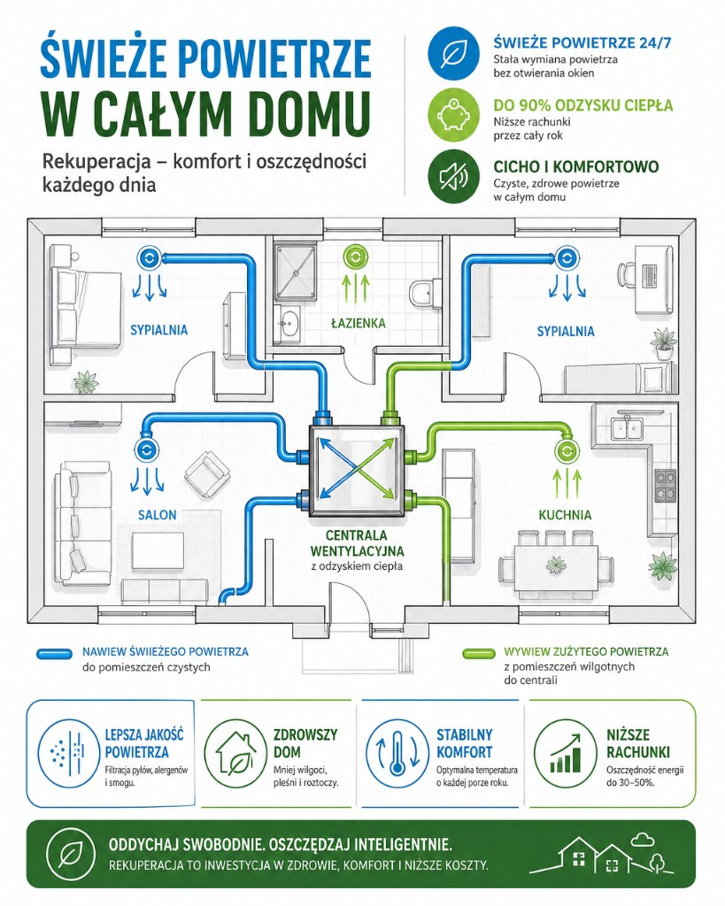 rekuperacja układ instalacji w domu Układ instalacji rekuperacji w domu jednorodzinnym – trasy kanałów nawiewu i wywiewu