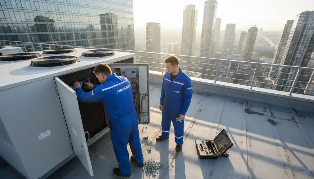 Na dachu biurowca specjaliści prowadzą przegląd instalacji wentylacyjno-klimatyzacyjnej.