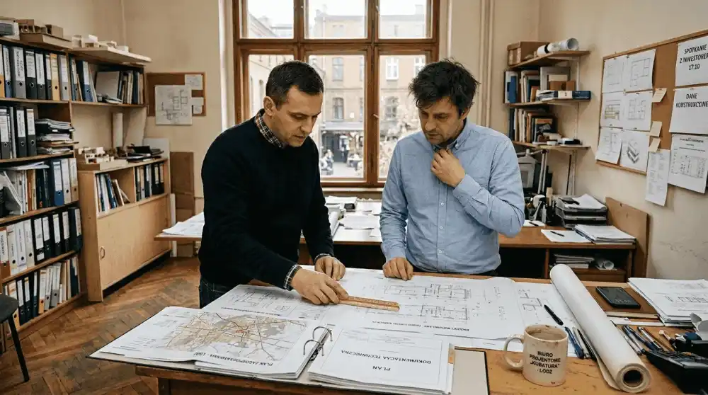 Dwaj inżynierowie analizują projekty w biurze.