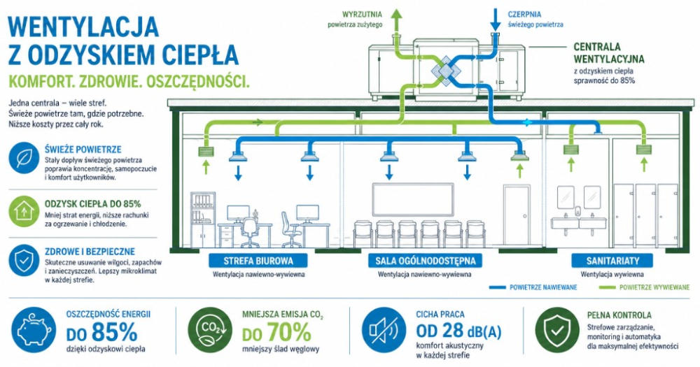 Wentylacja z odzyskiem ciepła w budynku biurowym / użyteczności publicznej