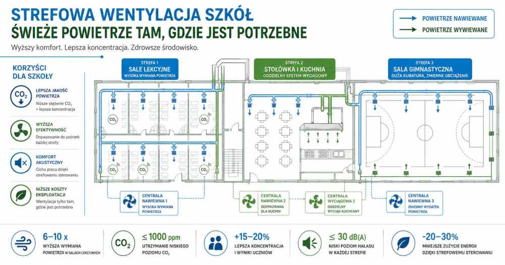 Schemat stref wentylacji w budynku szkolnym — sale lekcyjne, stołówka, sala gimnastyczna